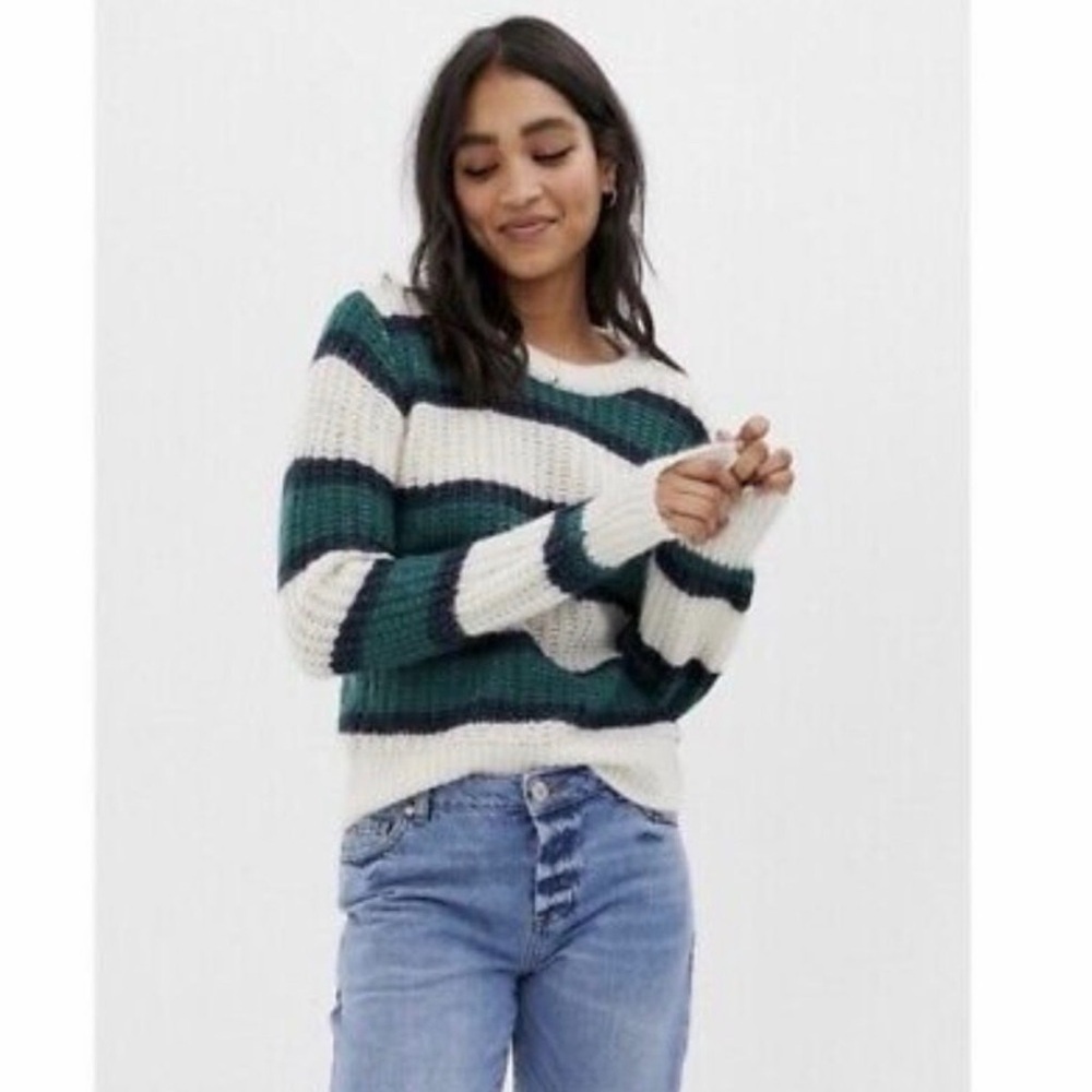 NOWT Abercrombie & Fitch Women's Striped Knit Cream/Green Pullover Sweater - S